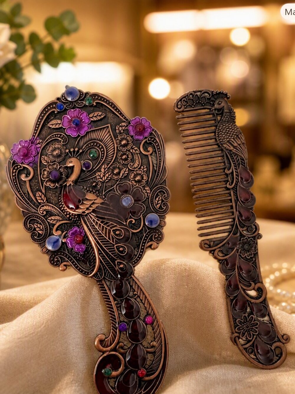 Peacock Design Bronze Finish Mirror & Comb Set NWOT
